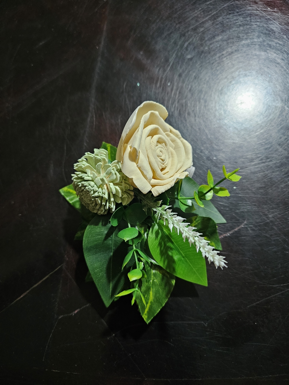 Cream Rose and Greenery Faux Floral Wrist Corsage